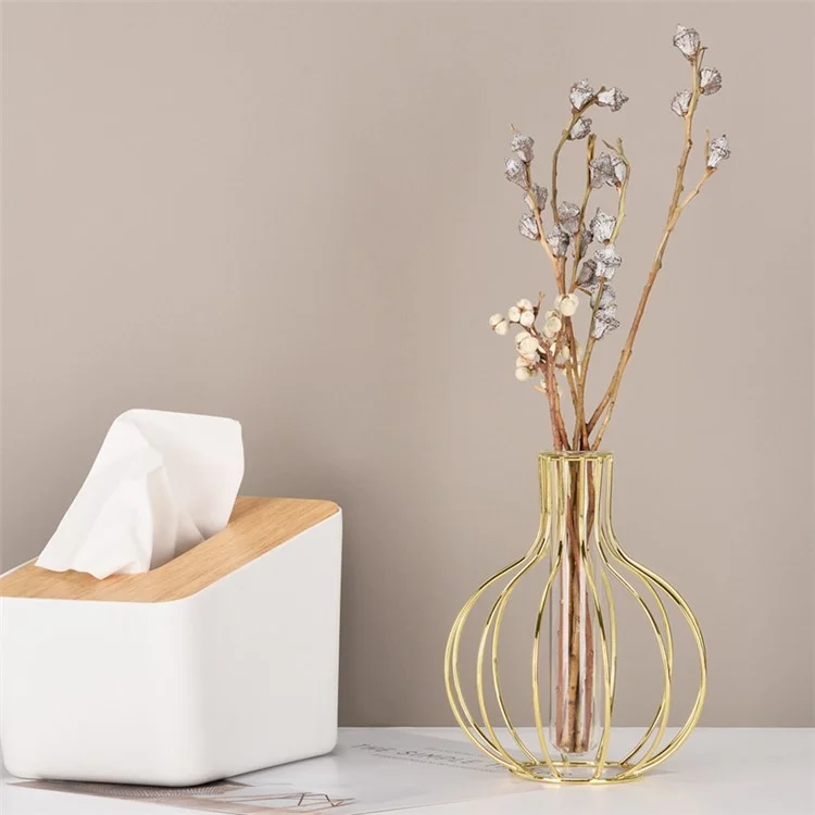 Tubo de Vidrio Transparente Maceta Hidropónica Planta Flor Seca Decoración del Hogar Plateado Florero con Soporte de Hierro