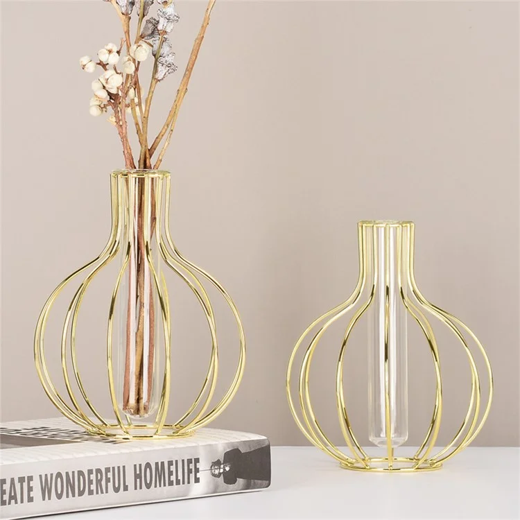 Tubo de Vidrio Transparente Maceta Hidropónica Planta Flor Seca Decoración del Hogar Plateado Florero con Soporte de Hierro