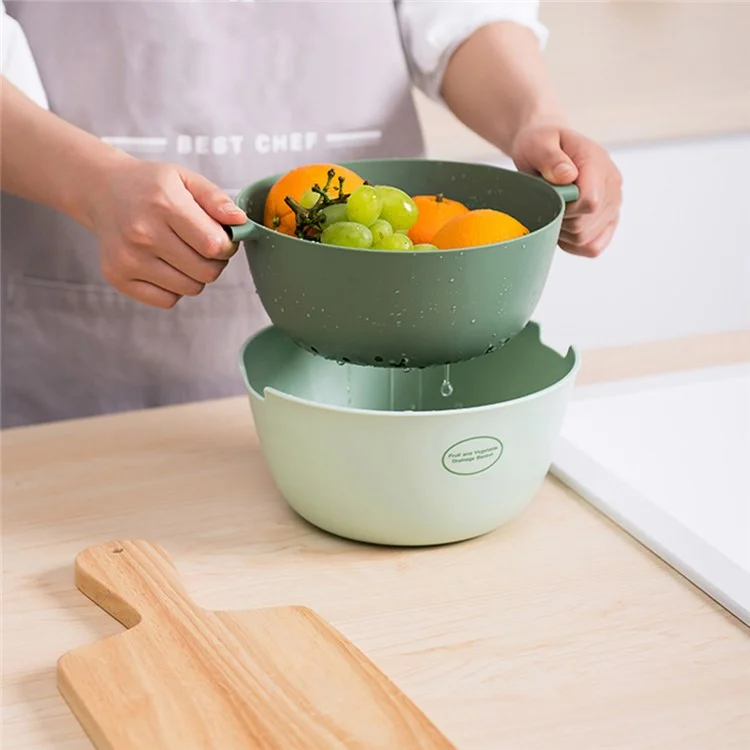 2 in 1 Drain Basin and Basket Colander Strainer for Fruits Vegetables Cleaning, Round Shape (without FDA Certificate, BPA Free) - Light Green