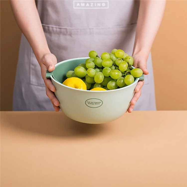 2 in 1 Drain Basin and Basket Colander Strainer for Fruits Vegetables Cleaning, Round Shape (without FDA Certificate, BPA Free) - Light Green
