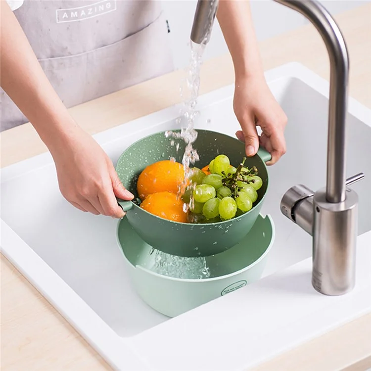 2 in 1 Drain Basin and Basket Colander Strainer for Fruits Vegetables Cleaning, Round Shape (without FDA Certificate, BPA Free) - Light Green