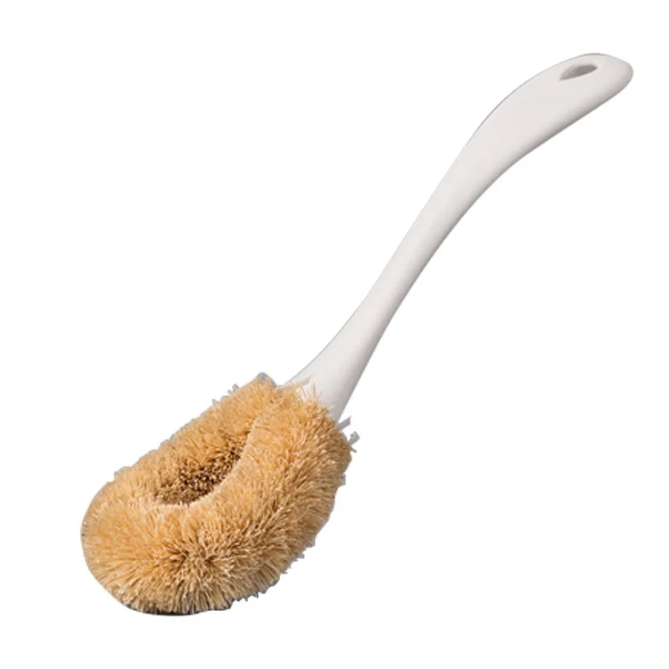 Long Handle Natural Coconut Fiber Non-stick Dishwashing Oil Cleaning Brush Hangable Cleaning Tool - White