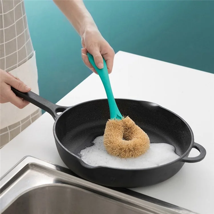 Long Handle Natural Coconut Fiber Non-stick Dishwashing Oil Cleaning Brush Hangable Cleaning Tool - White