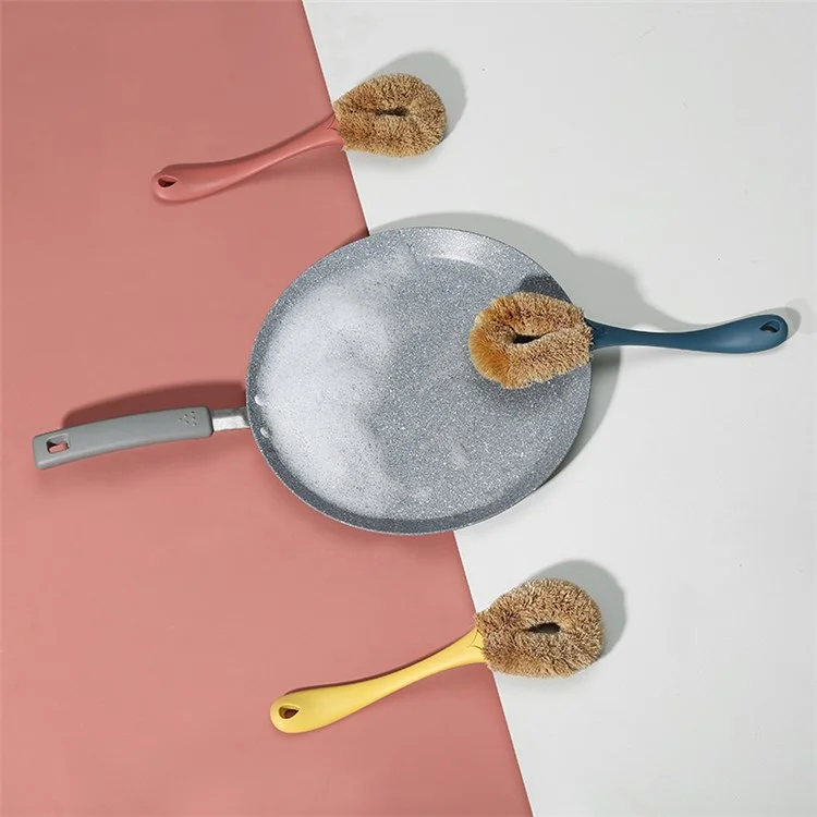 Long Handle Natural Coconut Fiber Non-stick Dishwashing Oil Cleaning Brush Hangable Cleaning Tool - White