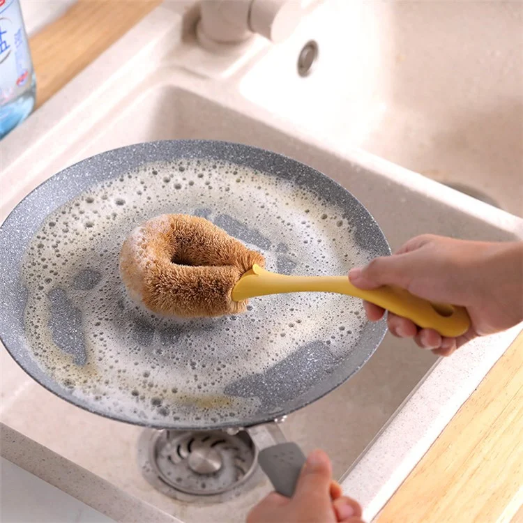 Long Handle Natural Coconut Fiber Non-stick Dishwashing Oil Cleaning Brush Hangable Cleaning Tool - White