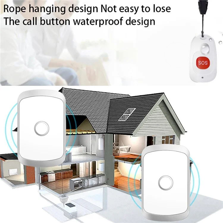 C20 Smart Home Wireless Doorbell Elder Emergency Alarm EU Plug 80m Remote Emergency Call Bell 2 Receivers and 2 Call Buttons - Silver