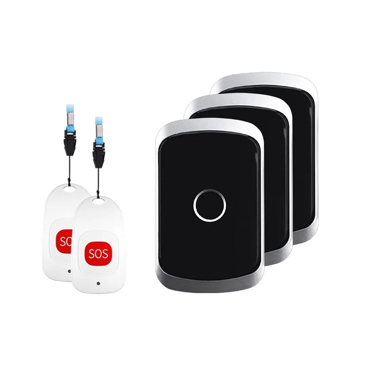 C20 Patients Elderly Alert Button 80m Wireless Emergency Alarm Call Bell, 2 Call Buttons + 3 EU Plug Receivers - Black