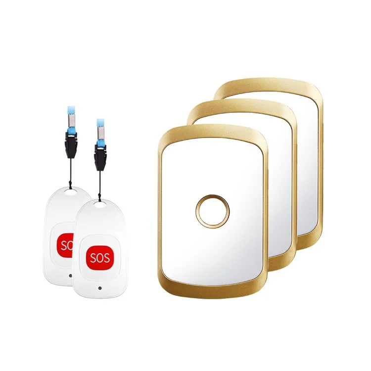 C20 Patients Elderly Alert Button 80m Wireless Emergency Alarm Call Bell, 2 Call Buttons + 3 EU Plug Receivers - Gold