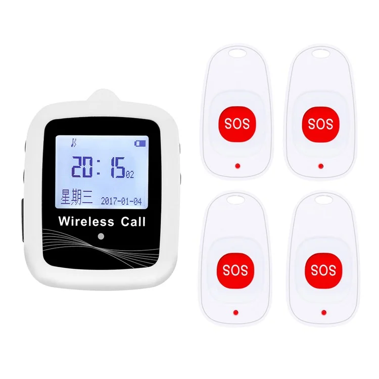 CTW07 EU Plug Wireless Alert Button Call Button for Elderly Emergency, Alert System for Seniors, 4 SOS Call Buttons and 1 Digital Screen Receiver - White