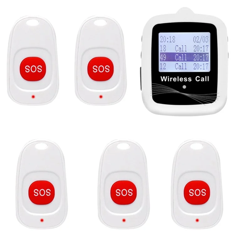 CTW07 EU Plug Wireless Elderly Emergency Alert Bell System with 5 SOS Call Buttons and 1 Digital Screen Receiver - Bianco
