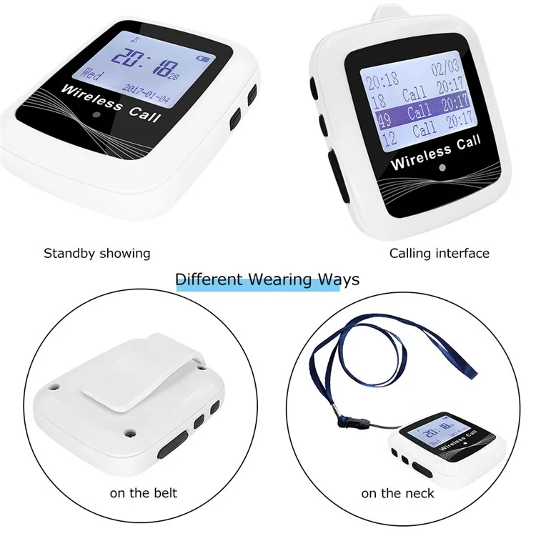 CTW07 EU Plug Wireless Elderly Emergency Alert Bell System with 5 SOS Call Buttons and 1 Digital Screen Receiver - Bianco