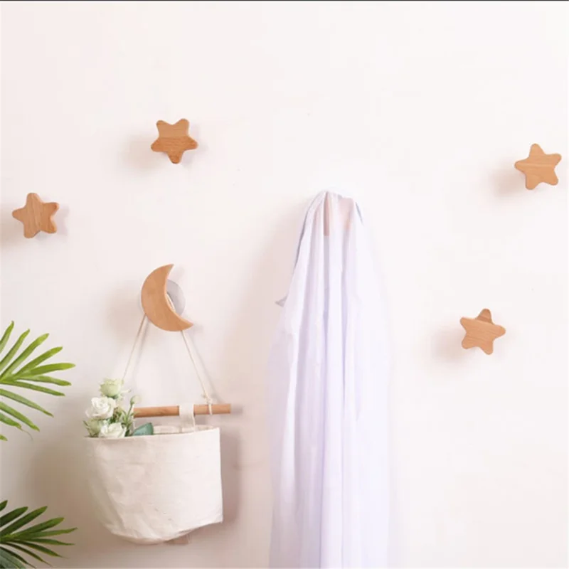 Beech Wood Hook Children's Room Hanger Easy Installation Hanging Tool Home Decor for Coat Sock Towel - Moon