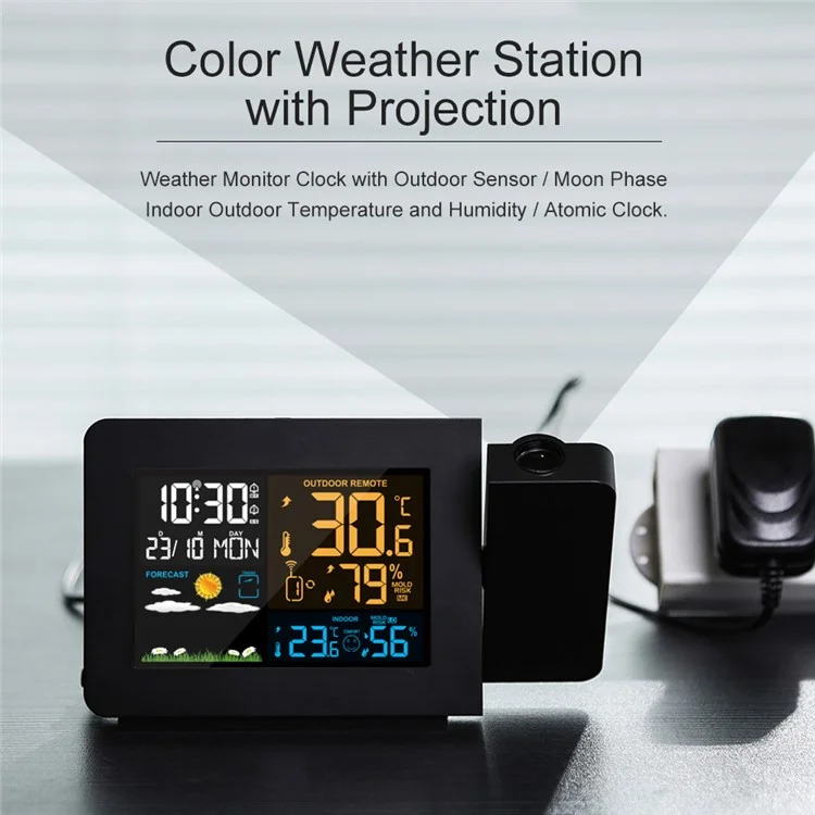 FANJU FJ3391 Indoor Outdoor Temperature Humidity Meter Digital Alarm Clock Multifunctional Weather Station Clock with Projection Function - EU Plug