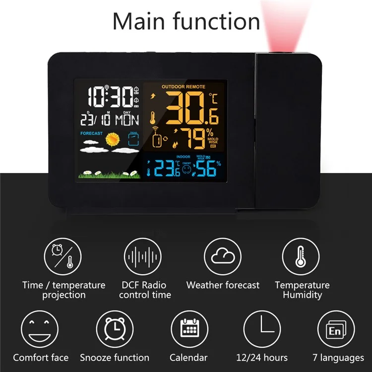 FANJU FJ3391 Indoor Outdoor Temperature Humidity Meter Digital Alarm Clock Multifunctional Weather Station Clock with Projection Function - EU Plug