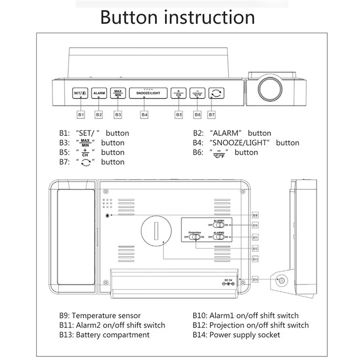 FANJU FJ3391 Indoor Outdoor Temperature Humidity Meter Digital Alarm Clock Multifunctional Weather Station Clock with Projection Function - EU Plug