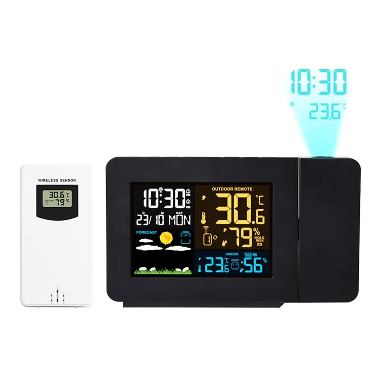FANJU FJ3391 Indoor Outdoor Temperature Humidity Meter Digital Alarm Clock Multifunctional Weather Station Clock with Projection Function - US Plug