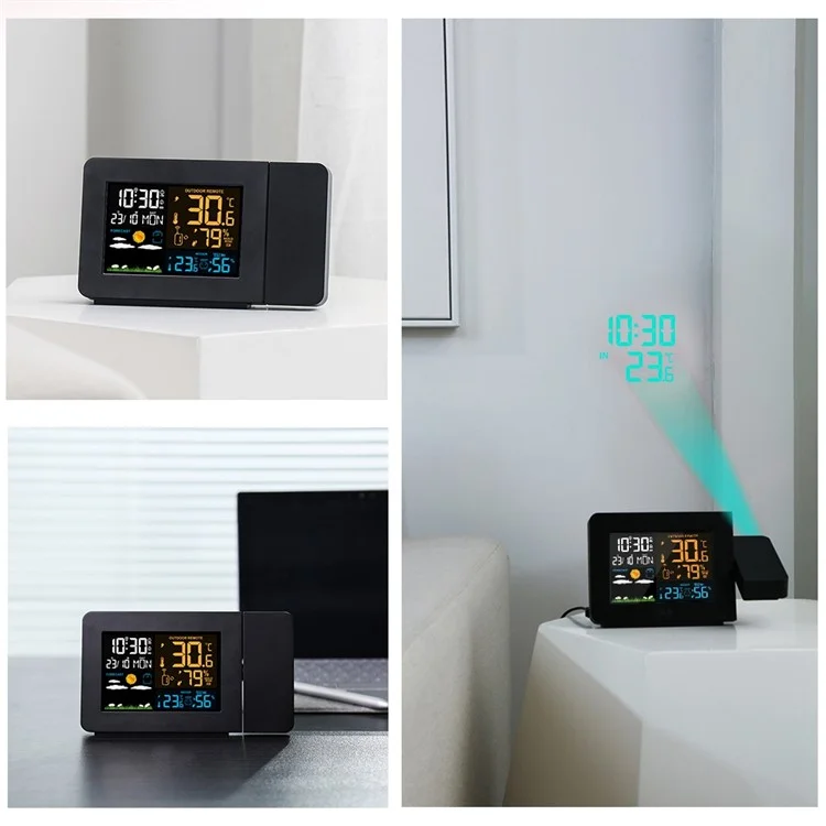 FANJU FJ3391 Indoor Outdoor Temperature Humidity Meter Digital Alarm Clock Multifunctional Weather Station Clock with Projection Function - US Plug