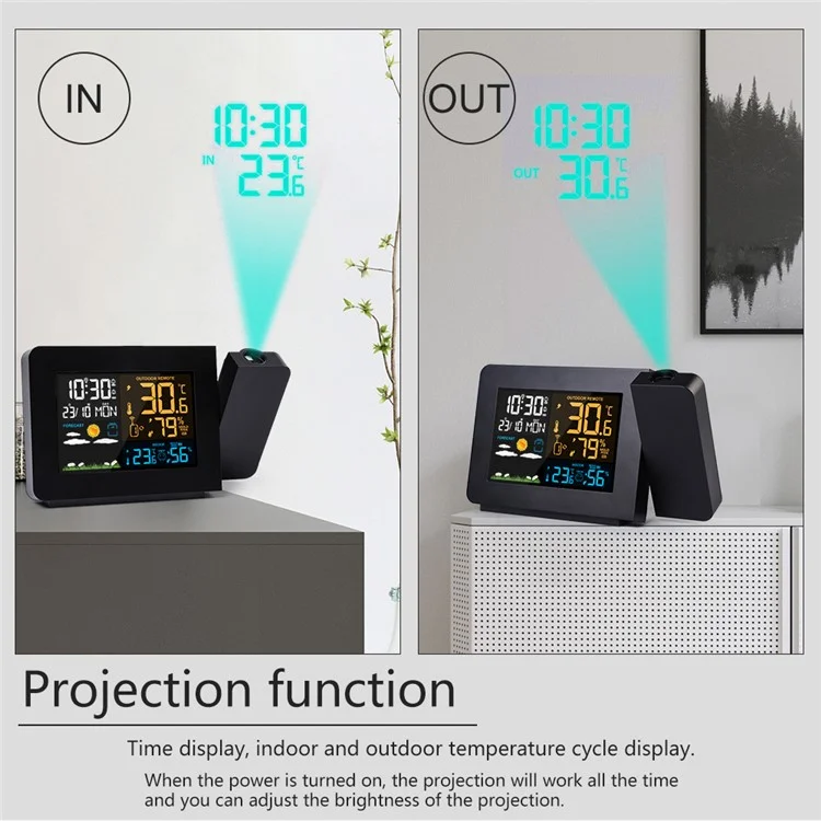 FANJU FJ3391 Indoor Outdoor Temperature Humidity Meter Digital Alarm Clock Multifunctional Weather Station Clock with Projection Function - US Plug