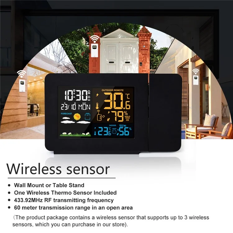 FANJU FJ3391 Indoor Outdoor Temperature Humidity Meter Digital Alarm Clock Multifunctional Weather Station Clock with Projection Function - US Plug