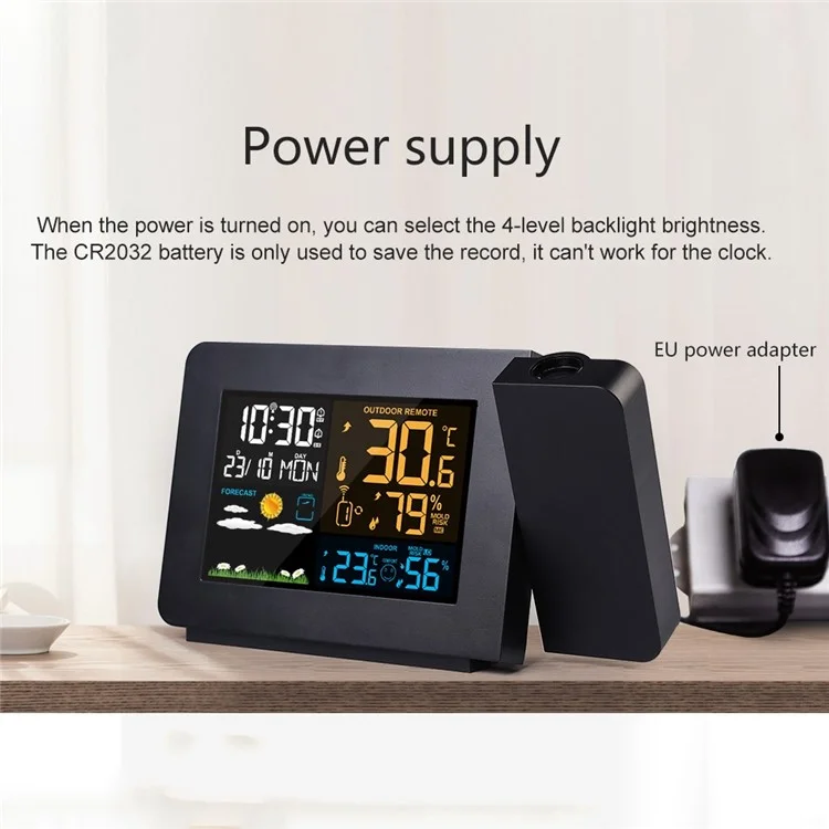 FANJU FJ3391 Indoor Outdoor Temperature Humidity Meter Digital Alarm Clock Multifunctional Weather Station Clock with Projection Function - US Plug