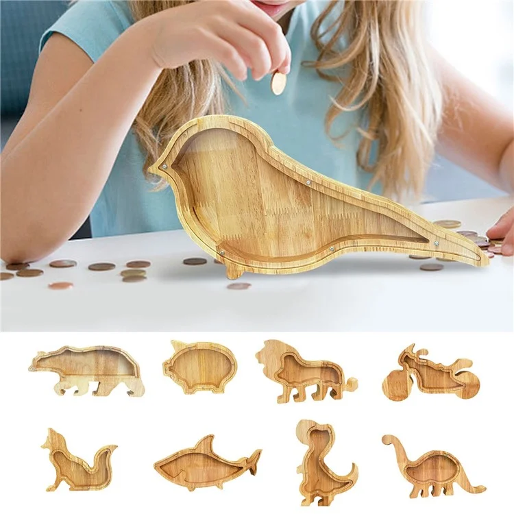 Creative Wooden Animal Piggy Bank Transparent Animal Coin Collect Box Piggy for Kids Gift - Bear