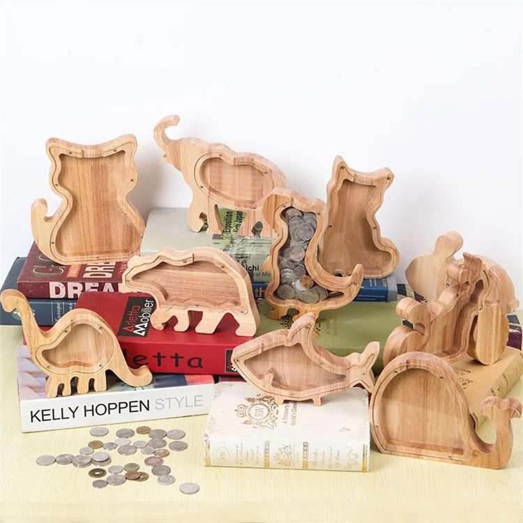 Creative Wooden Animal Piggy Bank Transparent Animal Coin Collect Box Piggy for Kids Gift - Bear