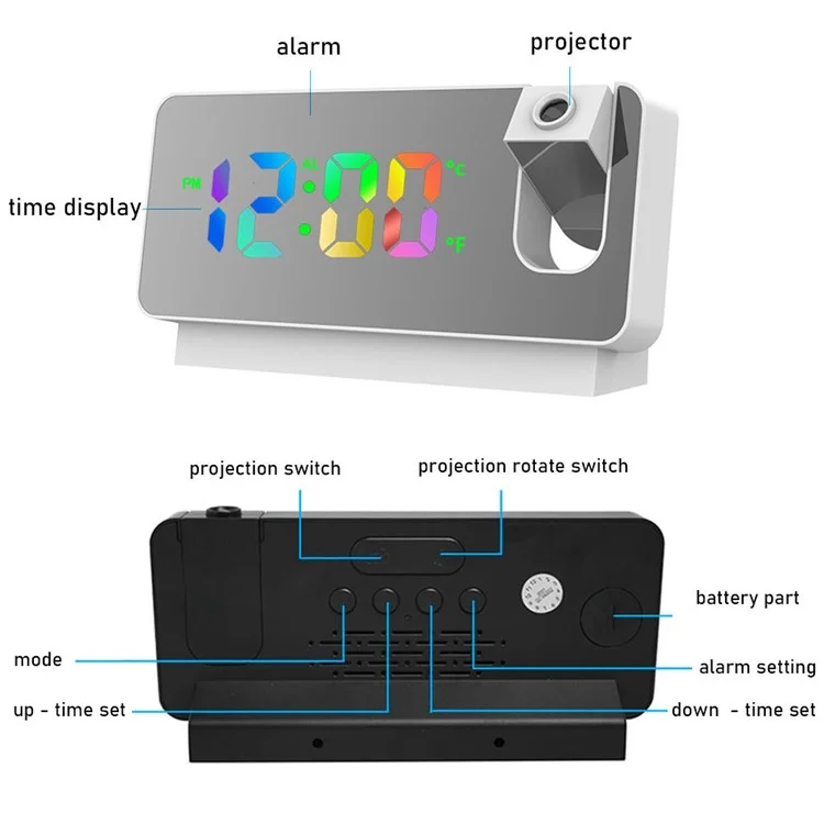 S282 Multifunctional Creative Alarm Clock Electronic Digital Time Temperature Calendar Color Screen Projection Alarm Clock (Colorful Version) - Black