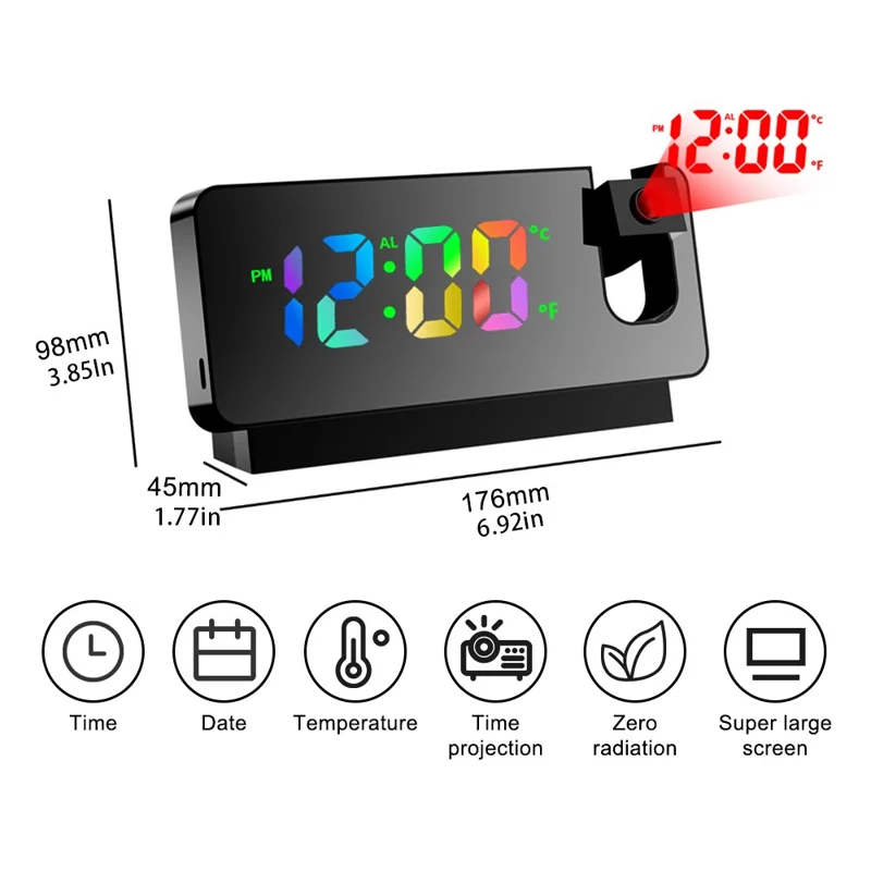 S282 Multifunctional Creative Alarm Clock Electronic Digital Time Temperature Calendar Color Screen Projection Alarm Clock (Colorful Version) - White