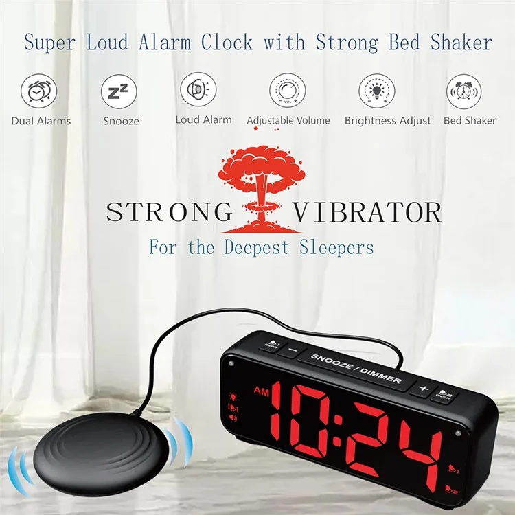 F1089 Loud Vibrating USB Alarm Clock 6.5'' LED Display Screen Bedroom Clock with Snooze Function for Students Elderly Senior Men Women - Black / Red Light