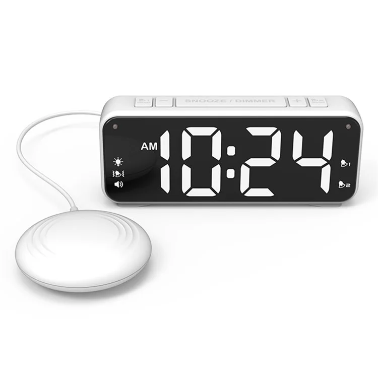F1089 Reloj Despertador USB Vibrante Fuerte con Pantalla LED de 6.5" - Carcasa Blanca / Luz Blanca / Vibrador Blanco