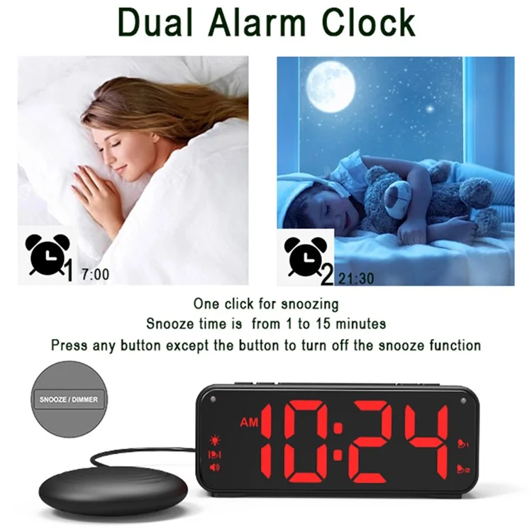 F1089 Reloj Despertador USB Vibrante Fuerte con Pantalla LED de 6.5" - Carcasa Blanca / Luz Blanca / Vibrador Blanco