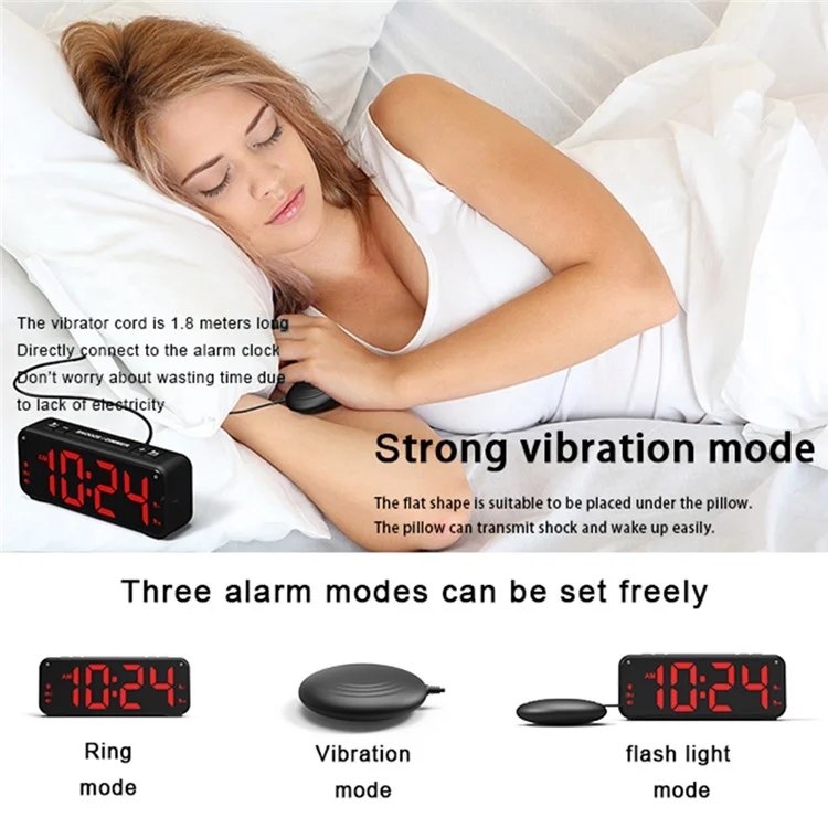 F1089 Reloj Despertador USB Vibrante Fuerte con Pantalla LED de 6.5" - Carcasa Blanca / Luz Blanca / Vibrador Blanco