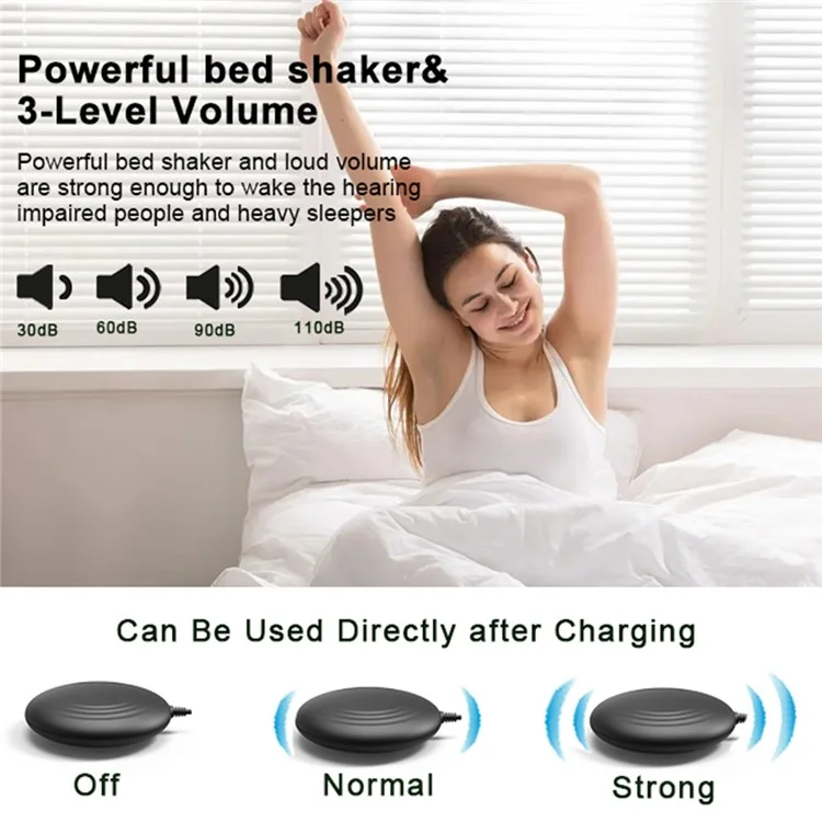 F1089 Reloj Despertador USB Vibrante Fuerte con Pantalla LED de 6.5" - Carcasa Blanca / Luz Blanca / Vibrador Blanco