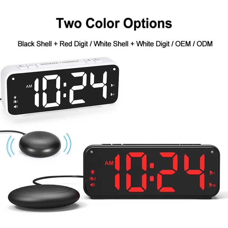 F1089 Reloj Despertador USB Vibrante Fuerte con Pantalla LED de 6.5" - Carcasa Blanca / Luz Blanca / Vibrador Blanco