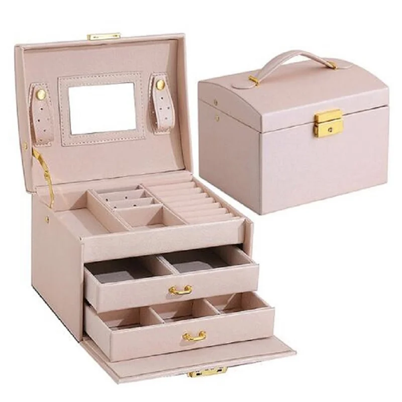 sp01111 Jewelry Box Organizer Three-layer PU Leather Earring Rings Storage Display Case with Mirror and Key - Orange