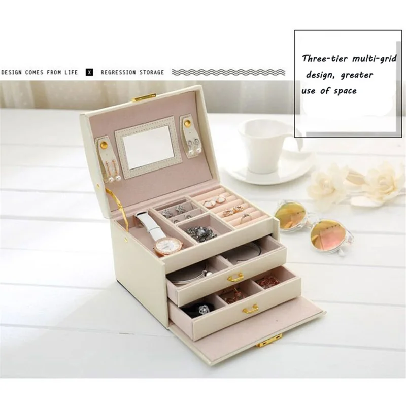 sp01111 Jewelry Box Organizer Three-layer PU Leather Earring Rings Storage Display Case with Mirror and Key - Orange