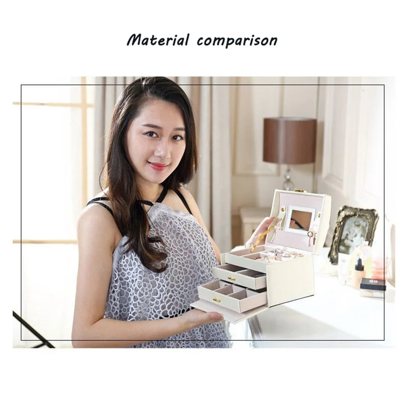 sp01111 Jewelry Box Organizer Three-layer PU Leather Earring Rings Storage Display Case with Mirror and Key - Orange