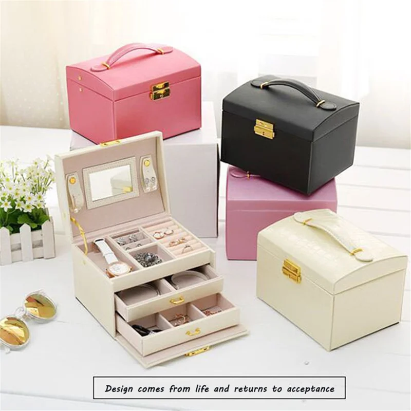 sp01111 Jewelry Box Organizer Three-layer PU Leather Earring Rings Storage Display Case with Mirror and Key - Orange