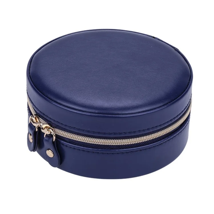 sp01172 Round Jewelry Box Rings Earrings Organizer PU Leather Travel Jewelry Storage Case with Ear Studs Tray - Navy Blue