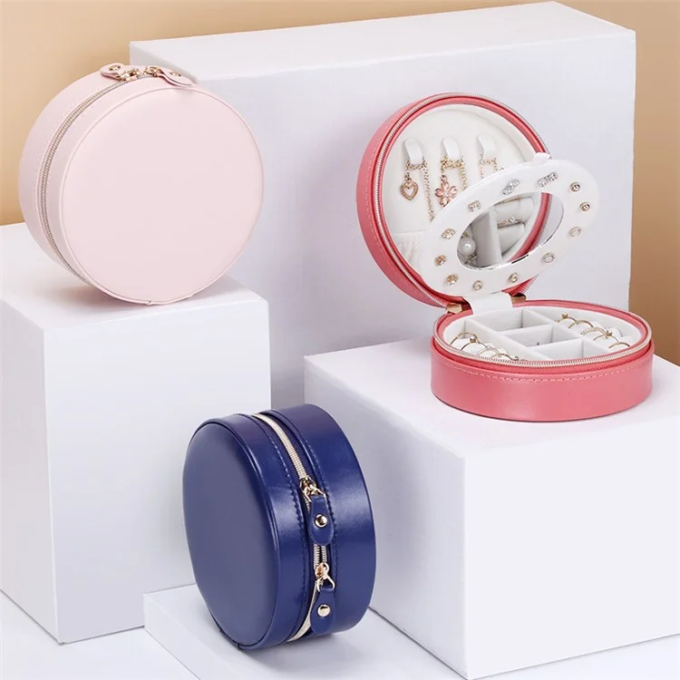 sp01172 Round Jewelry Box Rings Earrings Organizer PU Leather Travel Jewelry Storage Case with Ear Studs Tray - Navy Blue