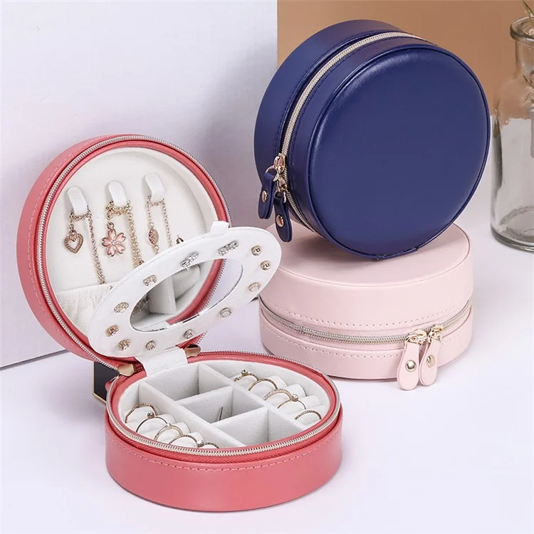 sp01172 Round Jewelry Box Rings Earrings Organizer PU Leather Travel Jewelry Storage Case with Ear Studs Tray - Navy Blue