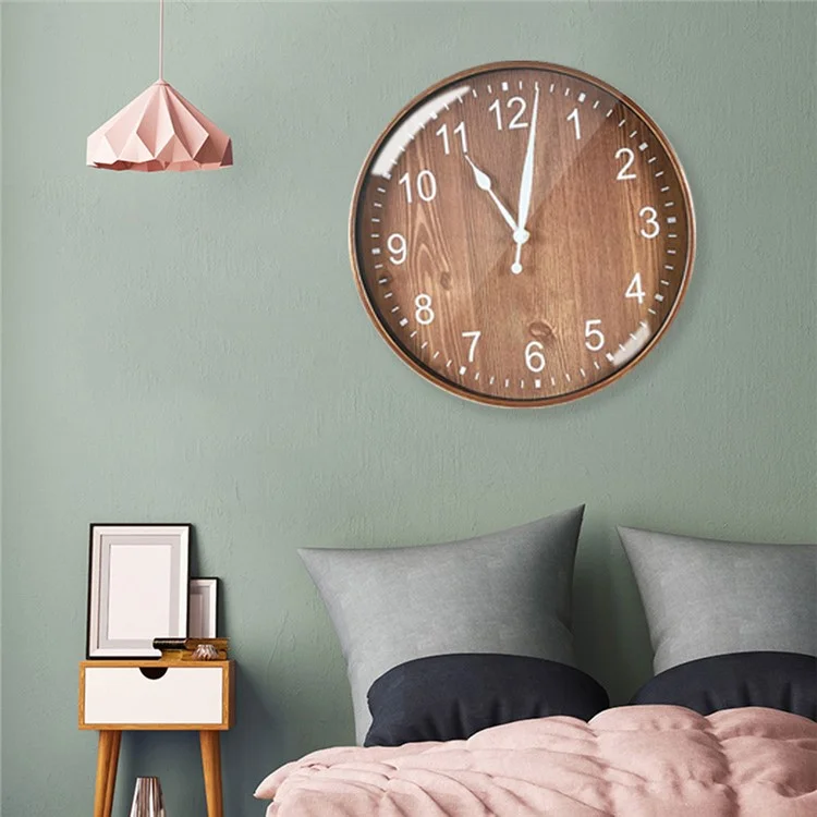 29cm Retro Wall Clock Round Silent Arabic Numeral Home Living Room Bedroom Wall Clock - Dark Bamboo Color