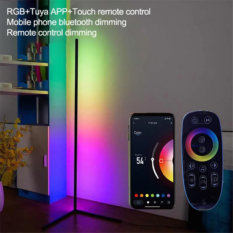 DH-L1004 1.12m RGB LED Corner Floor Lamp Dimmable Corner Light with Bluetooth-compatible APP and Touch Remote Control - Black / EU Plug