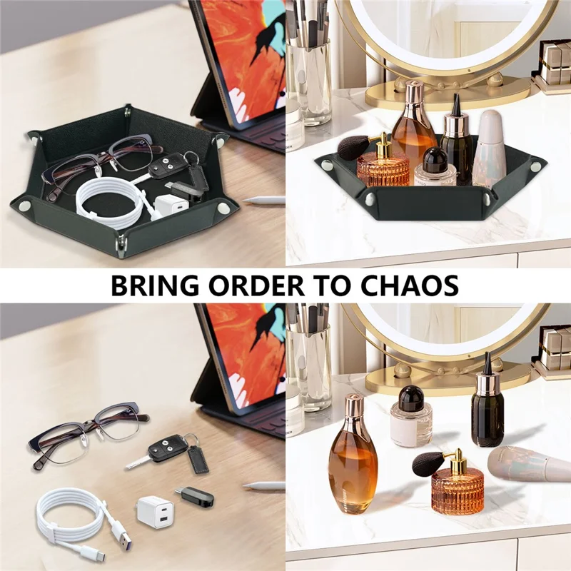 7-inch PU Leather Sundries Organizer Tray Hexagon Home Desktop Storage Tray - Black