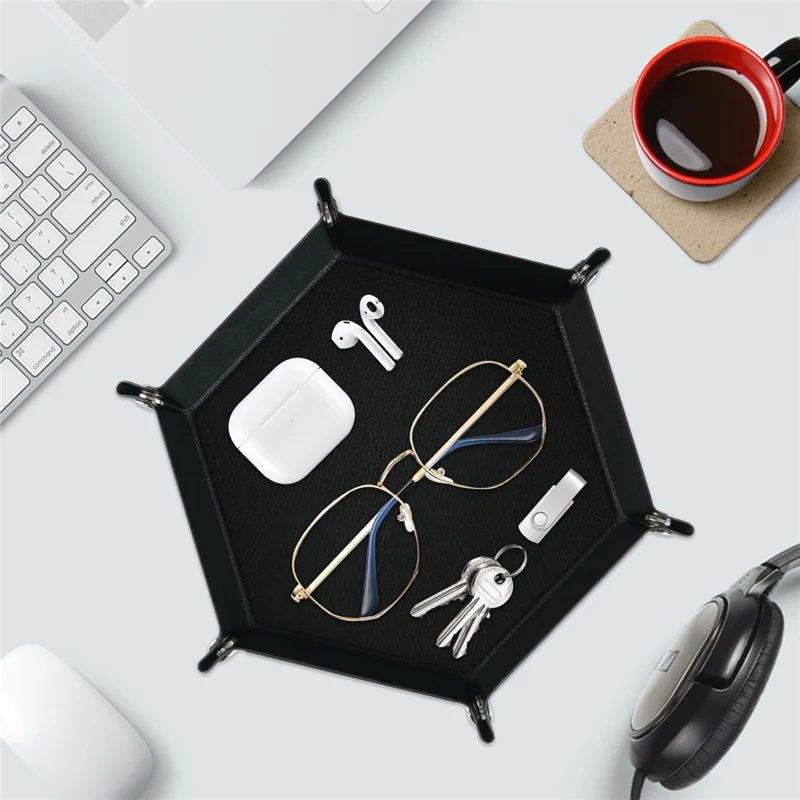 7-inch PU Leather Sundries Organizer Tray Hexagon Home Desktop Storage Tray - Black