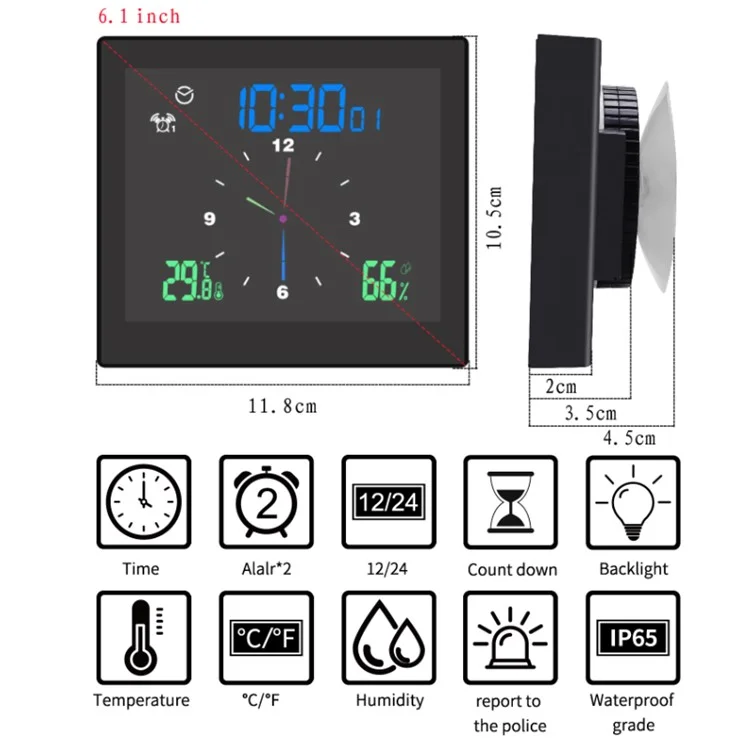 TS-WP10 Color Screen Alarm Clock Temperature Humidity Display Waterproof Bathroom Clock with Suction Cup - Black