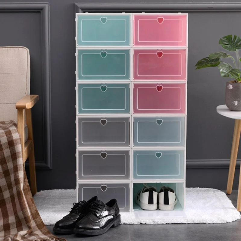 Shoes Storage Box Transparent PP Thickened Stackable Shoes Organizer Container with Lid, Size L - Avocado Green Heart Shape Hole