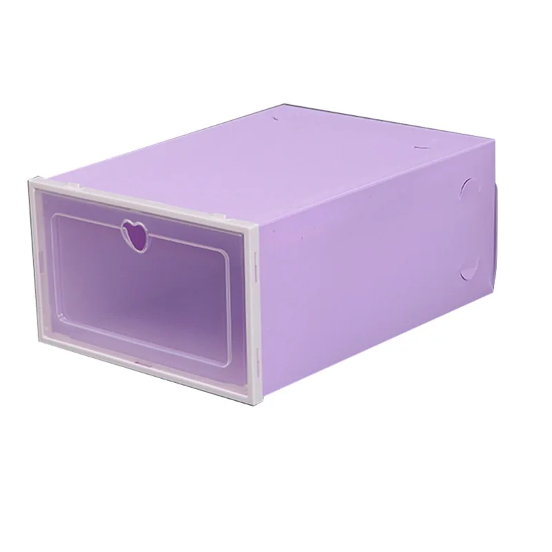Shoes Storage Box Transparent PP Thickened Stackable Shoes Organizer Container with Lid, Size L - Purple Heart Shape Hole