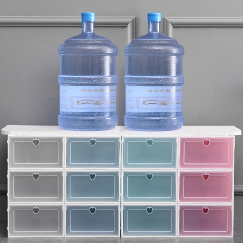 Shoes Storage Box Transparent PP Thickened Stackable Shoes Organizer Container with Lid, Size L - Purple Heart Shape Hole