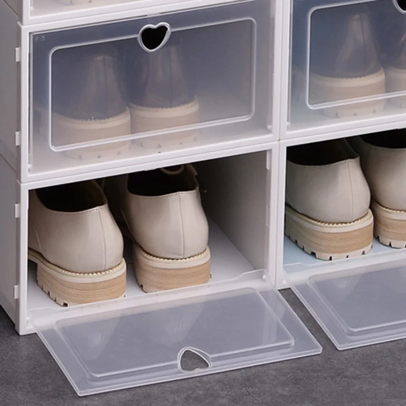 Shoes Storage Box Transparent PP Thickened Stackable Shoes Organizer Container with Lid, Size L - Purple Heart Shape Hole